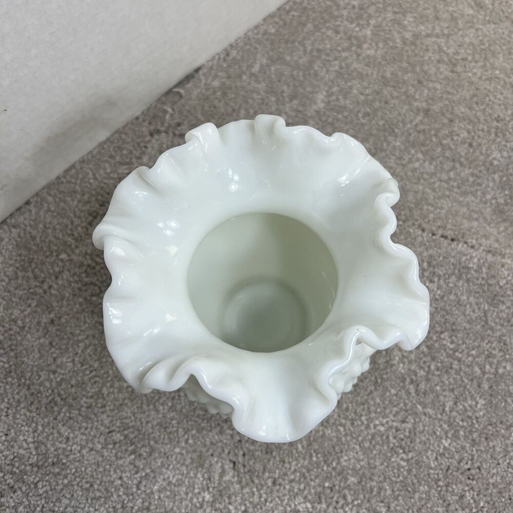 VTG Fenton White Hobnail Milk Glass Round Vase With Crimped Ruffled Edges 5 1/2” - Picture 2 of 6